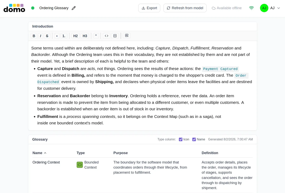 The Glossary editor with an introduction above the generated table of term definitions.